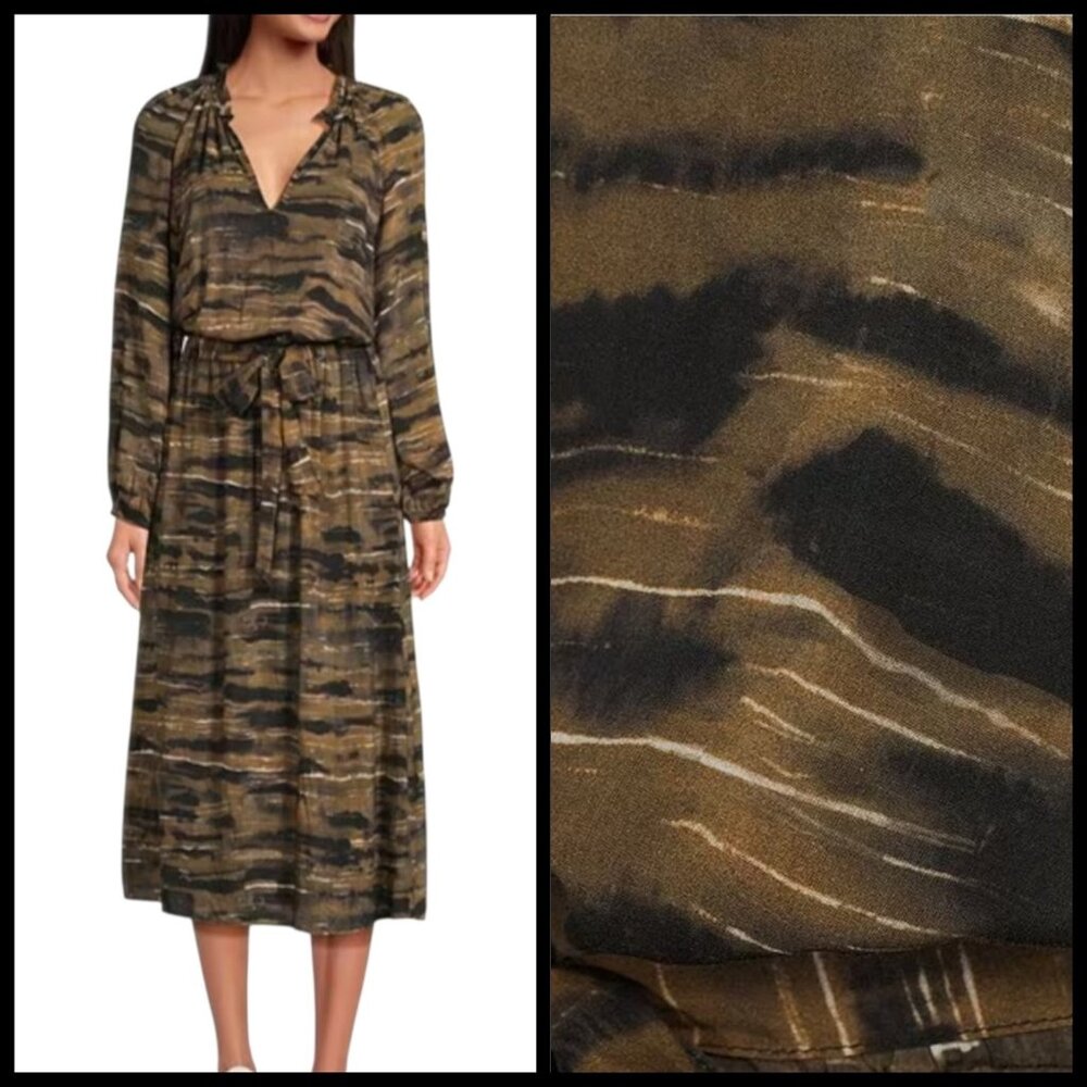 Cloth & Stone Belted Blouson Midi Dress Brown Black Animal Print Rayon Size‎ L